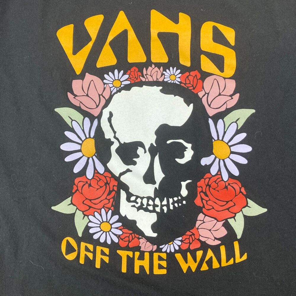 Vans Shirt Womens S Skull Floral Roses Long Sleeve Black Off The Wall Graphic